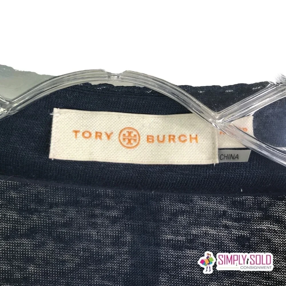 Tory Burch Liliana Tee Womens XS Navy‎ Embroidered Linen V Neck Slub Knit NWT